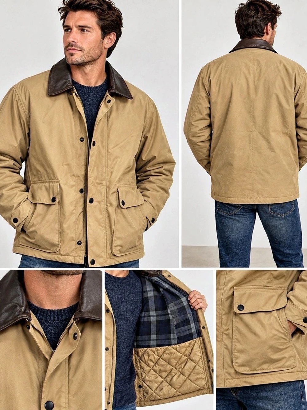Vintage 90s Nautica Men’s L Tan Barn Field Jacket Leather Collar Plaid Lined